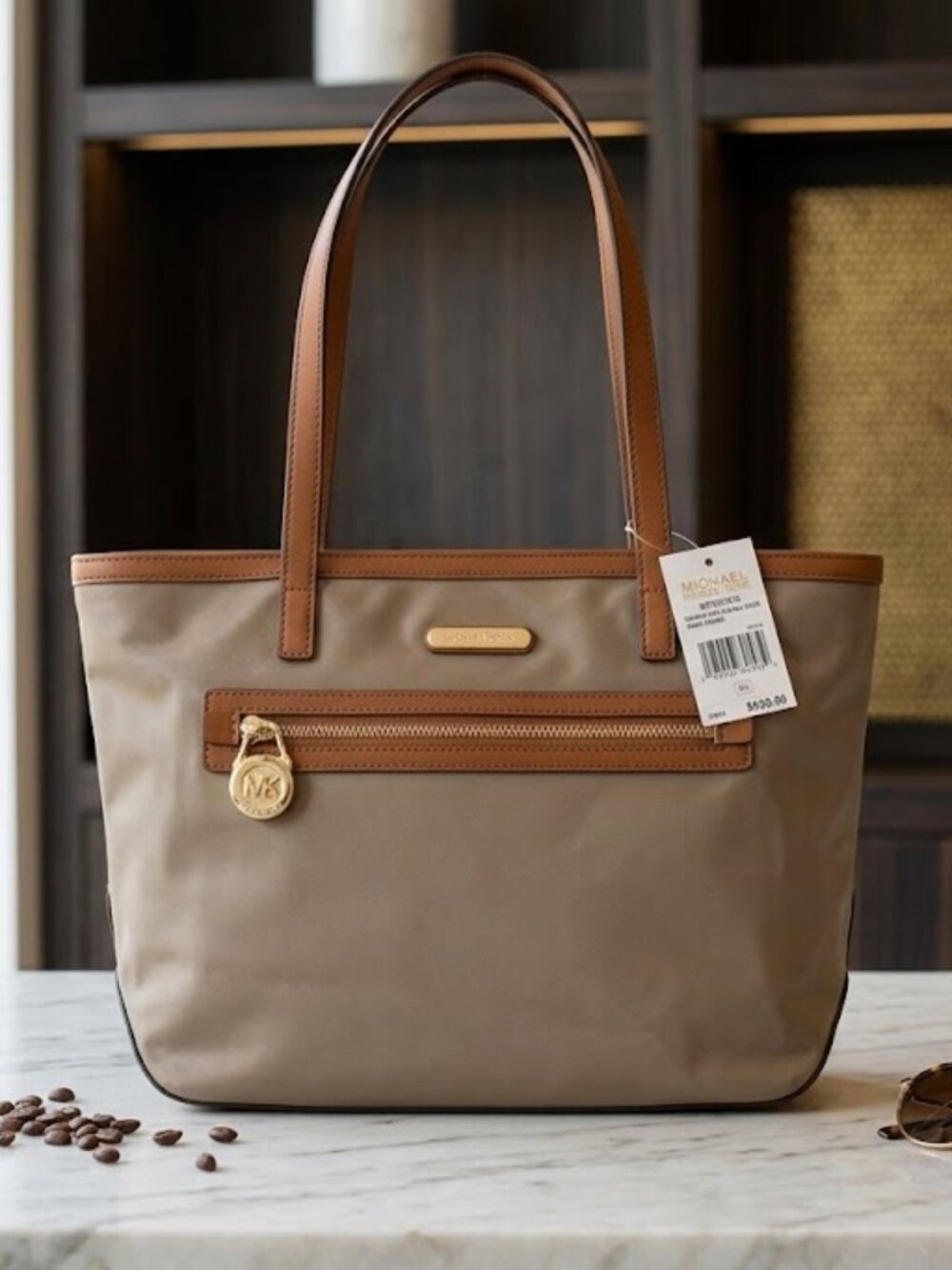 Michael Kors Nylon Leather Moss Dusk Green Caramel brown Kempton Tote NEW